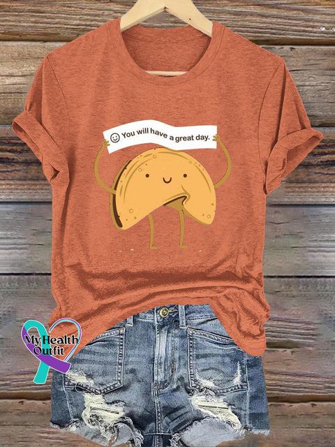 You Will Have A Great Day Lucky Chip Cookie Print Casual Crew Neck Short Sleeve T-Shirt Orange / S