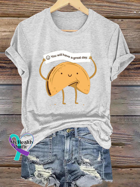 You Will Have A Great Day Lucky Chip Cookie Print Casual Crew Neck Short Sleeve T-Shirt White / S