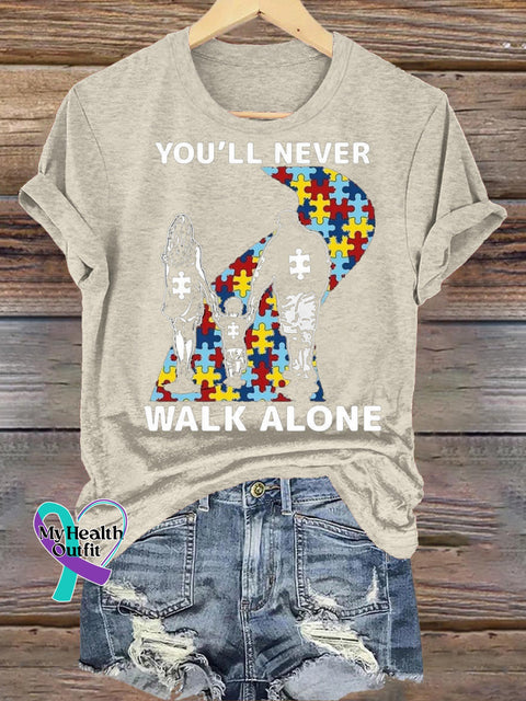 You’ll Never Walk Alone Autism Awareness Printed Casual Crew Neck Short Sleeve T-Shirt Beige / S