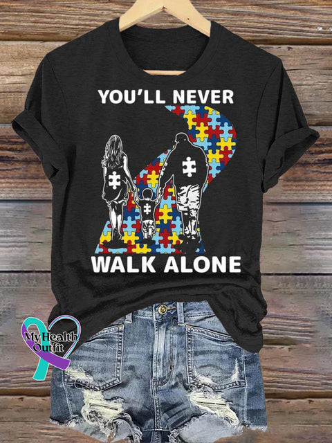 You’ll Never Walk Alone Autism Awareness Printed Casual Crew Neck Short Sleeve T-Shirt Black / S