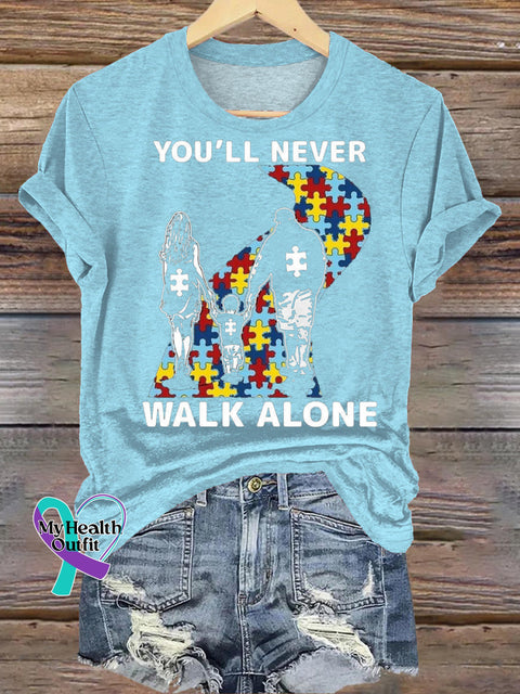 You’ll Never Walk Alone Autism Awareness Printed Casual Crew Neck Short Sleeve T-Shirt Blue / S