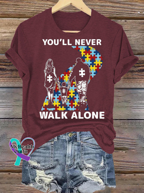 You’ll Never Walk Alone Autism Awareness Printed Casual Crew Neck Short Sleeve T-Shirt Brown / S