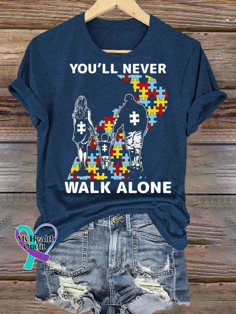 You’ll Never Walk Alone Autism Awareness Printed Casual Crew Neck Short Sleeve T-Shirt NavyBlue / S