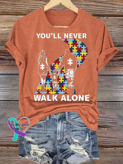 You’ll Never Walk Alone Autism Awareness Printed Casual Crew Neck Short Sleeve T-Shirt Orange / S