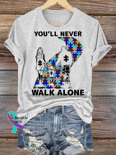 You’ll Never Walk Alone Autism Awareness Printed Casual Crew Neck Short Sleeve T-Shirt White / S