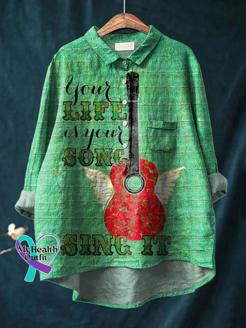 Your Life Is Song Sing It Art Print Casual Cotton And Linen Shirt Green / S