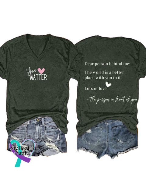 Your Matter Love Print Casual V-Neck Short Sleeve T-Shirt DarkGreen / S